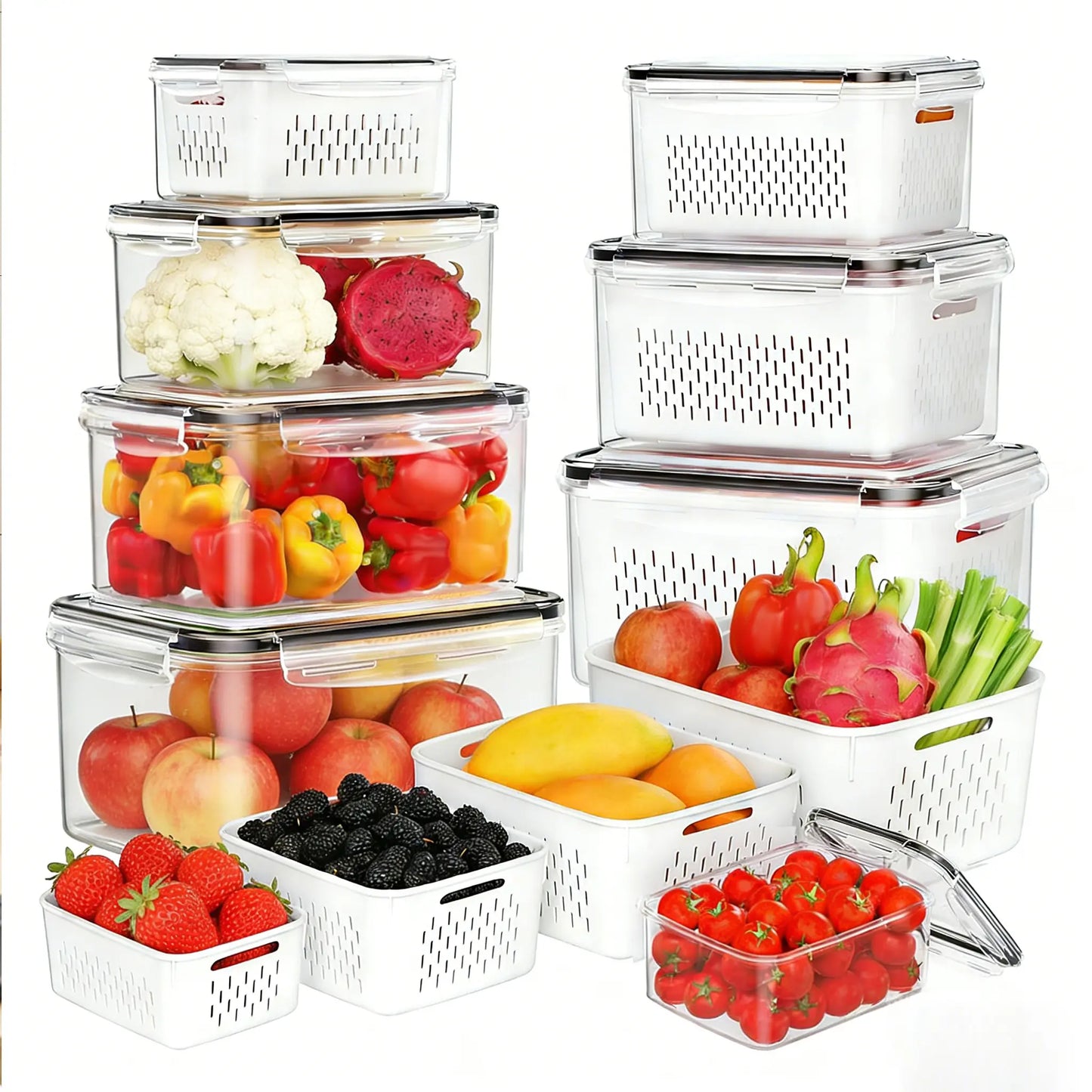 Stackable Fridge Organizer Containers – BPA-Free Produce Storage Bins with Removable Colander
