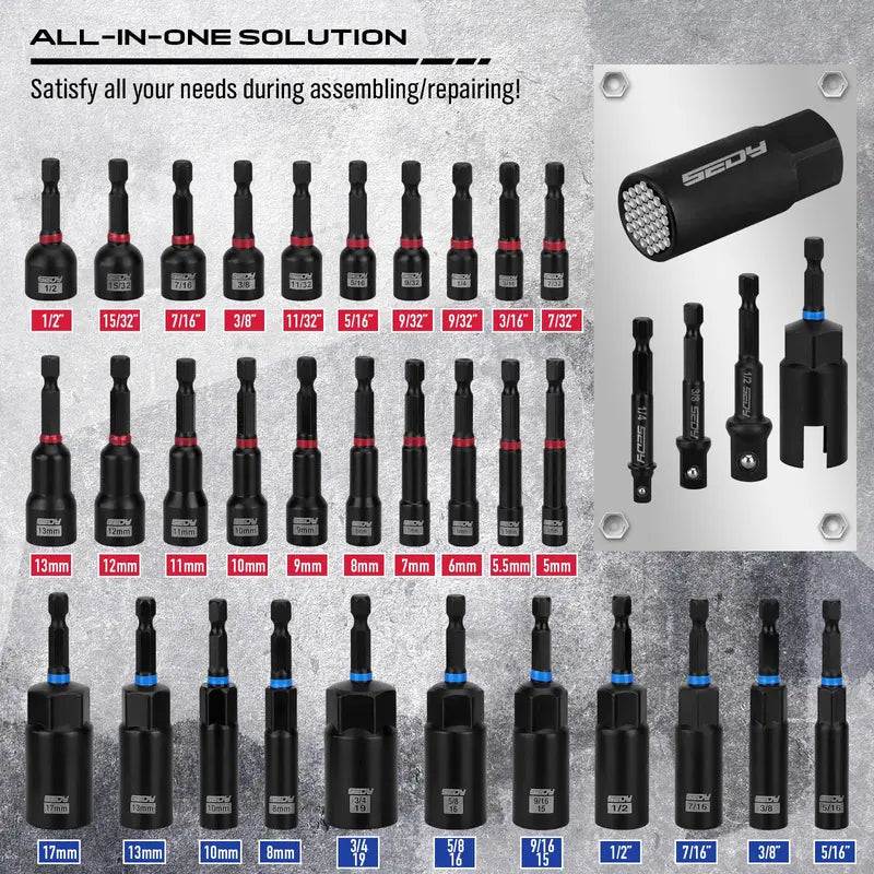 Magnetic Impact Nut Driver Set – 41/59/80-Piece SAE & Metric Socket Set with Adapters, Extensions & Bit Holder