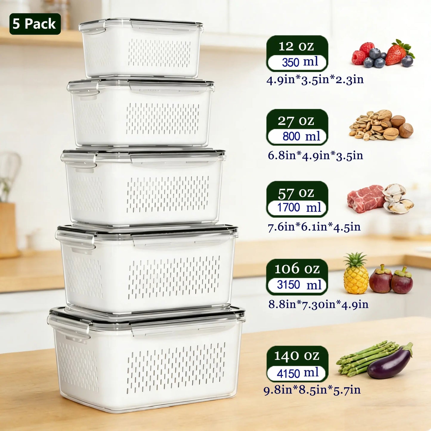 Stackable Fridge Organizer Containers – BPA-Free Produce Storage Bins with Removable Colander