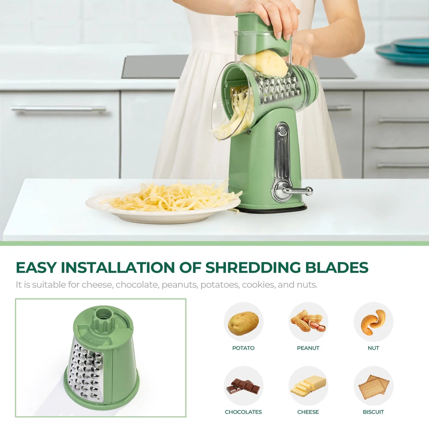 Kitchen Rotary Cheese Grater – 5 Interchangeable Blade Vegetable Cutter & Shredder