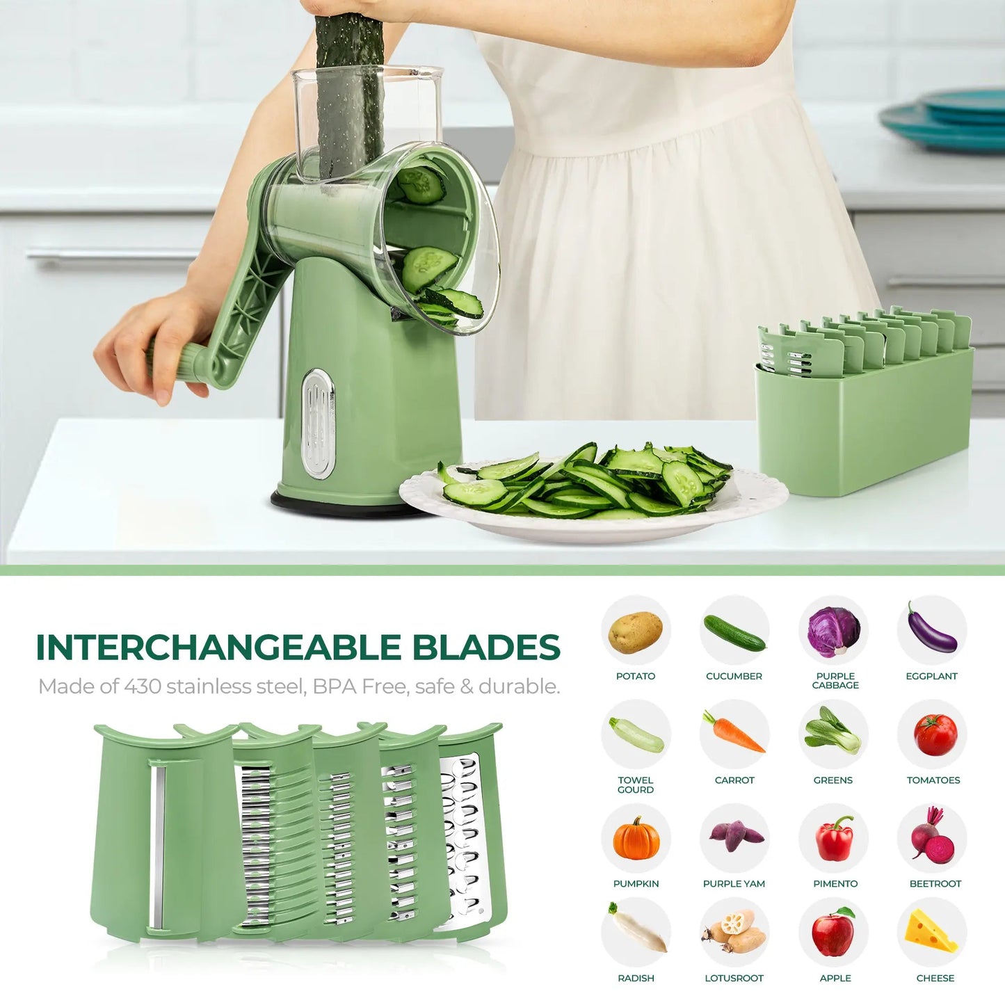 Kitchen Rotary Cheese Grater – 5 Interchangeable Blade Vegetable Cutter & Shredder