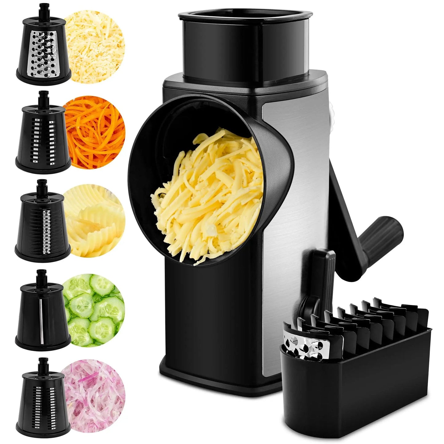 Kitchen Rotary Cheese Grater – 5 Interchangeable Blade Vegetable Cutter & Shredder