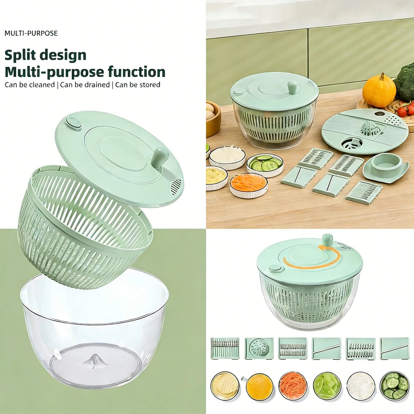 3-in-1 Vegetable Slicer & Salad Spinner – Large Capacity Washer Bowl with Strainer